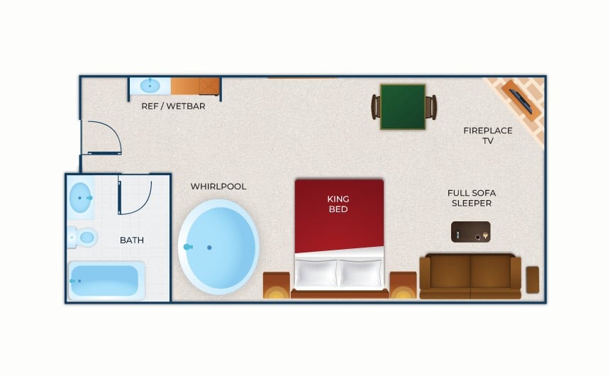 The floor plan for the Whirlpool Fireplace Suite