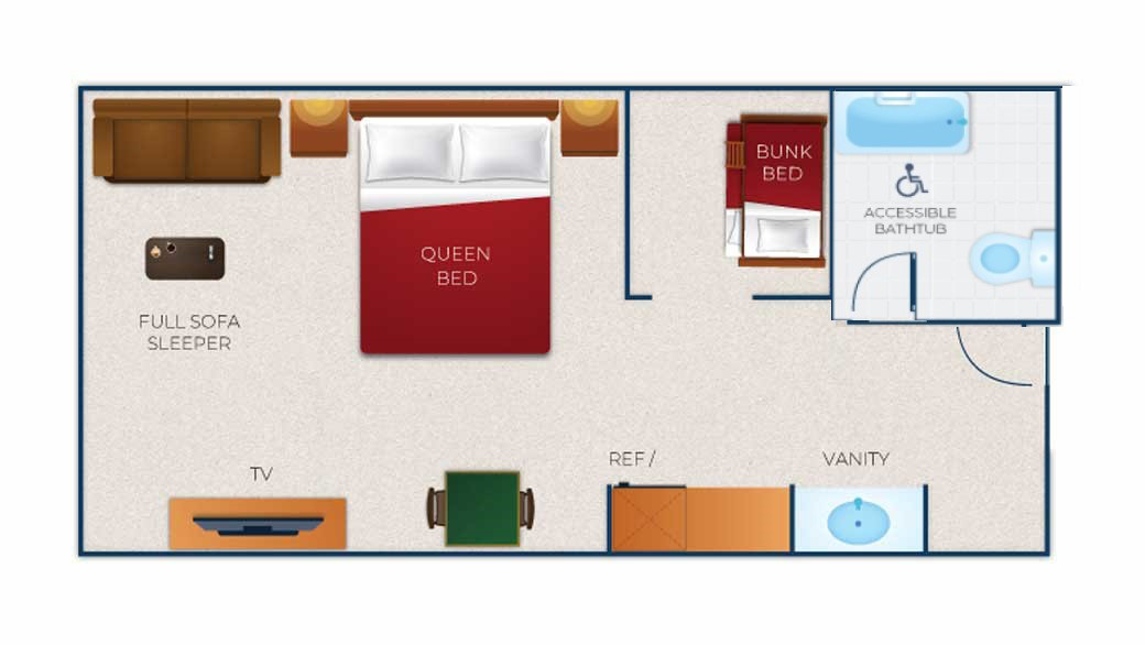 The Floorplan of the Wolf Den Suite Accessible Bathtub