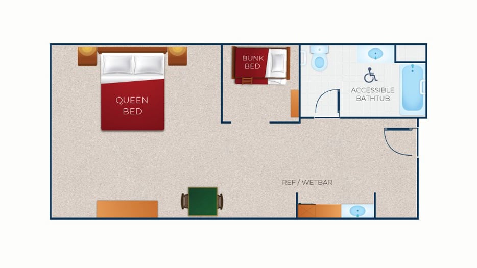 The floor plan for the Accessible Bathtub Wolf Den Suite