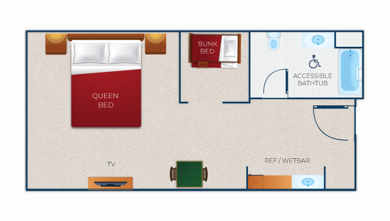 The floor plan for the Wolf Den Suite (Accessible bathtub)