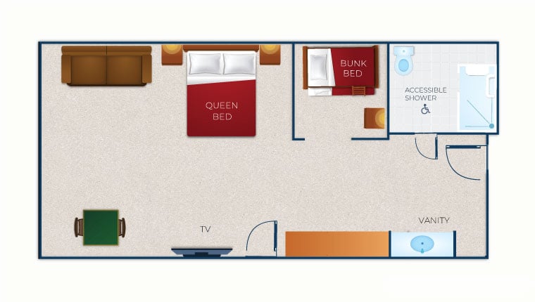 Floorplan of the wolf den suite accessible shower