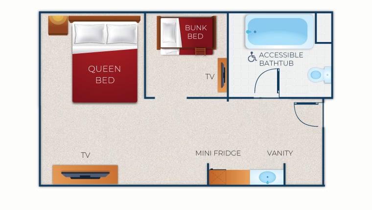 The floor plan for the Wolf Den Suite (Accessible Bathtub)