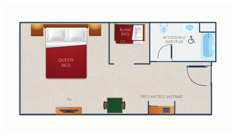 The floor plan for the Accessible Bathtub Wolf Den Suite 