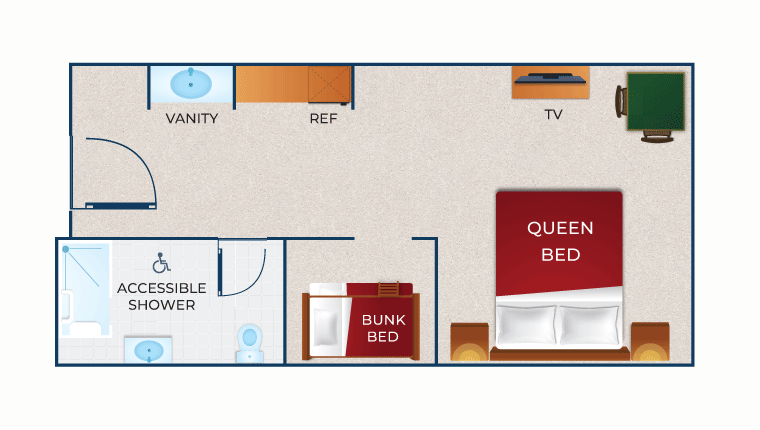 The floor plan for the Wolf Den Suite (Accessible Shower)