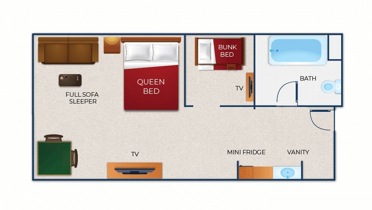 The floor plan for the Wolf Den Suite