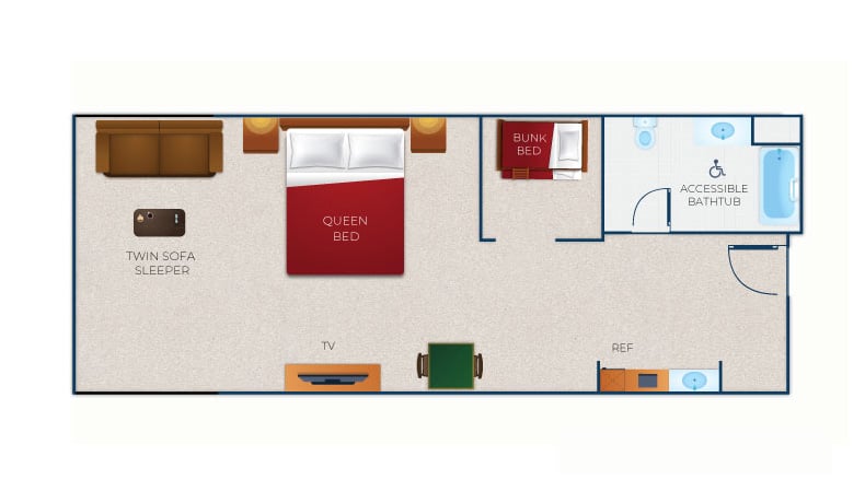 The floorplan of the Wolf Den Suite Accessible Bathtub