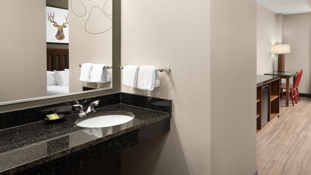 The Vanity area of the Wolf Den Suite Accessible Bathtub