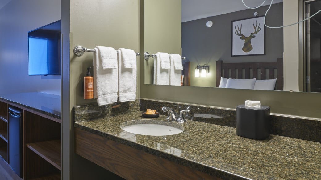 Vanity area of the Wolf Den Suite