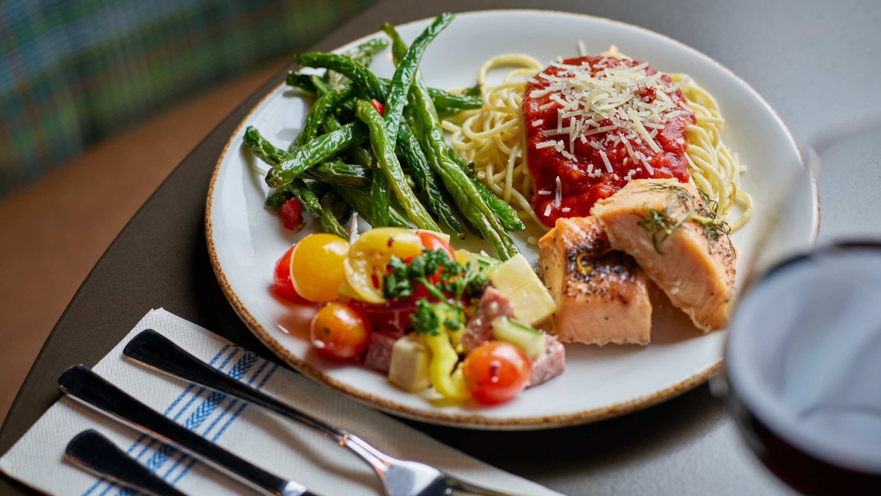 Dinner plate having different items from the buffet