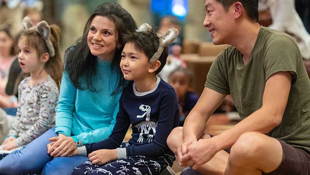 a family watches the great wolf pack movie during epic storytime