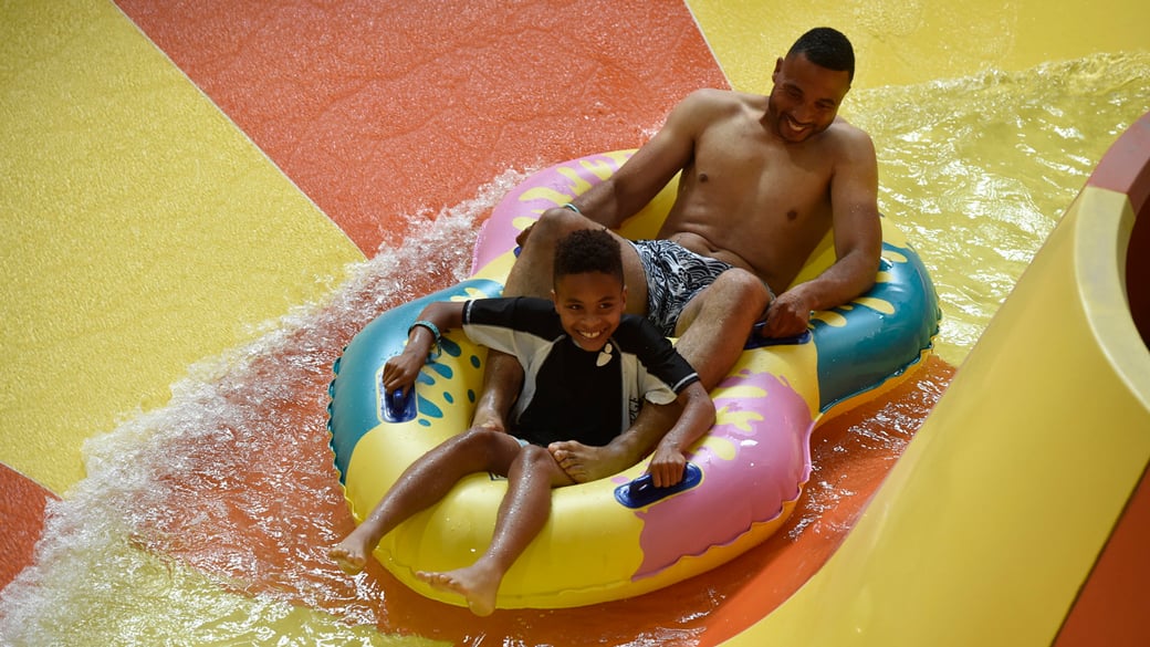 The end of the Coyote Cannon ride at Great Wolf Lodge indoor water park and resort.