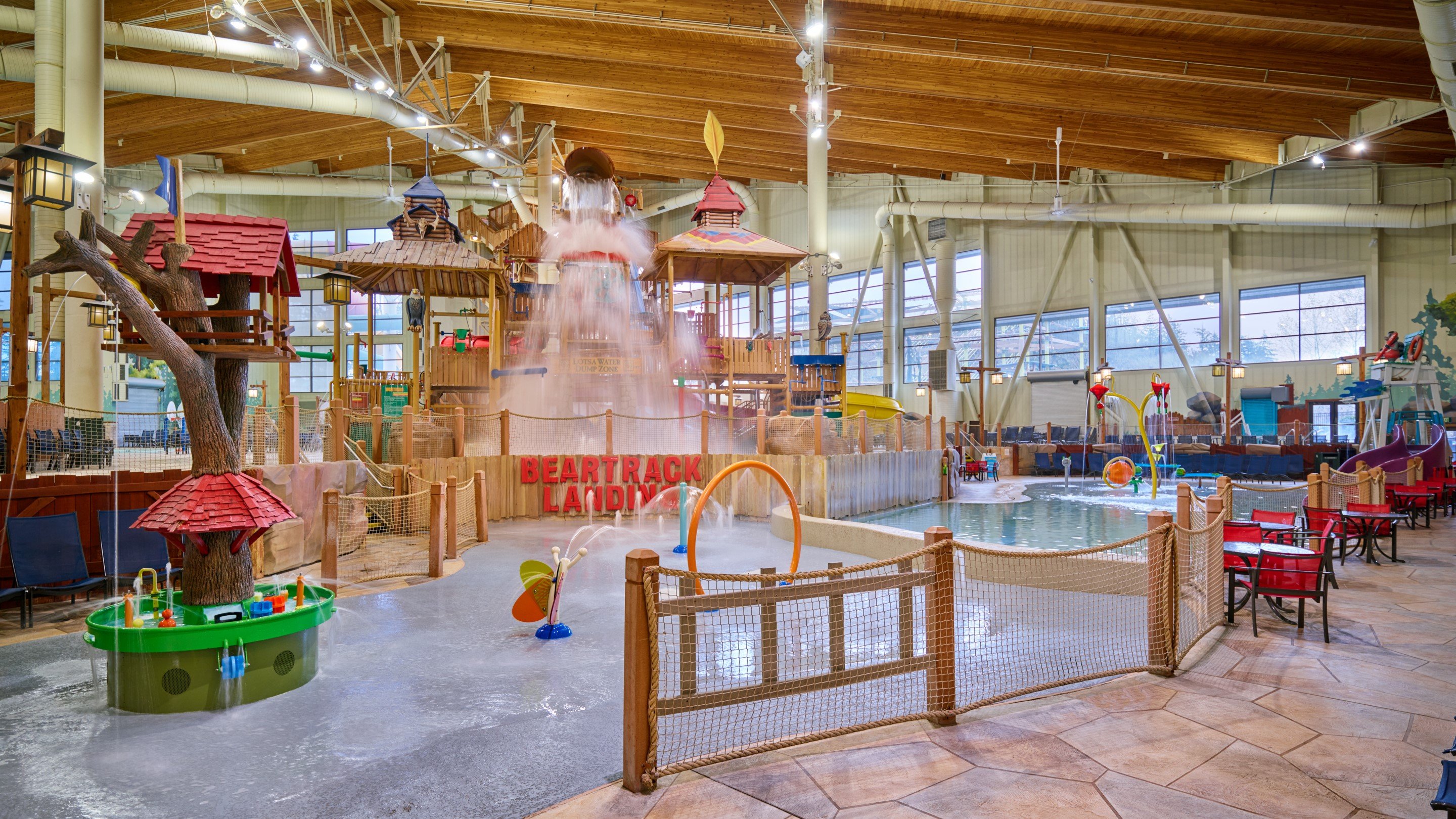 Slides and seating chairs near waterpark